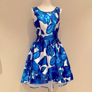 Blue Leaf Print on White Hi-Low Dress - UK Size 10/ US Size 6